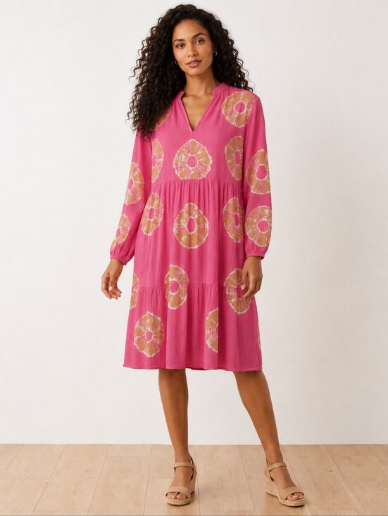Charlie Paige Dresses & Skirts - Charlie Paige Pink Tie Dye Tiered Boho Peasant Dress Long Sleeve Size L